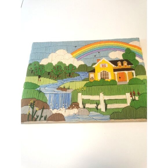 Embroidered Homestead Scenes Pair Crewel Wool Needlepoint Vintage - Picture 9 of 16